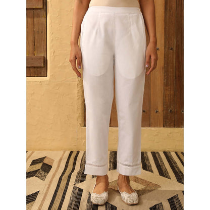 House of Chikankari White Cotton Solid Pant