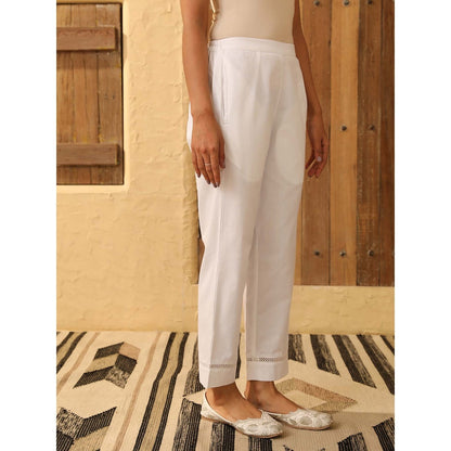 House of Chikankari White Cotton Solid Pant