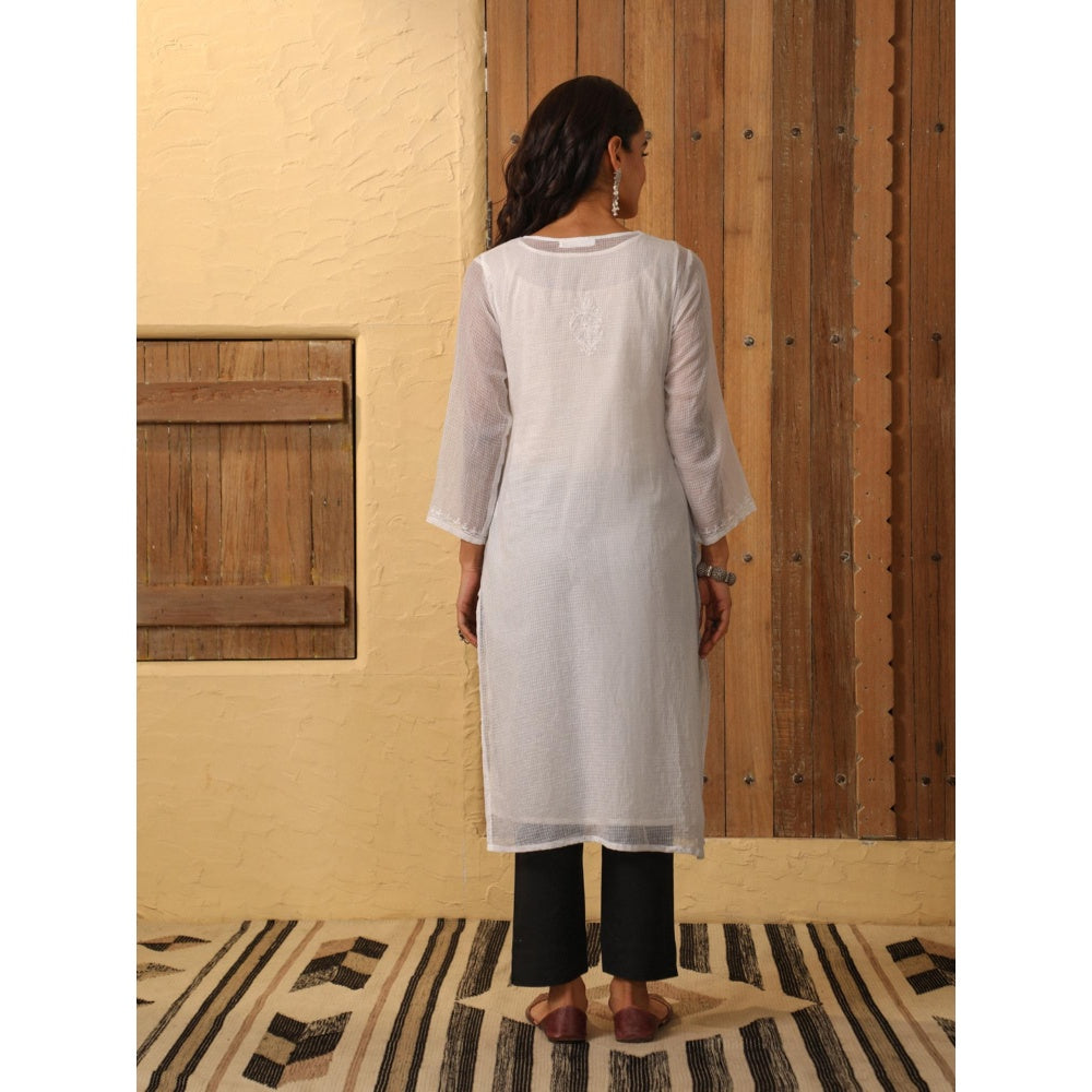 House of Chikankari White Kota Chikankari Women's Long Kurta with Inner (Set of 2)