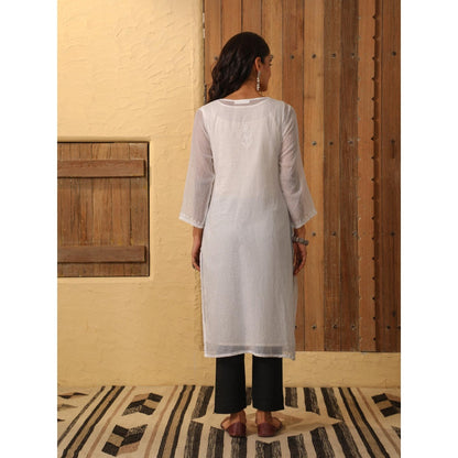 House of Chikankari White Kota Chikankari Women's Long Kurta with Inner (Set of 2)
