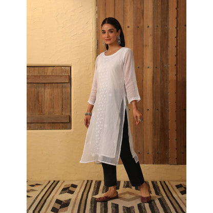 House of Chikankari White Kota Chikankari Women's Long Kurta with Inner (Set of 2)