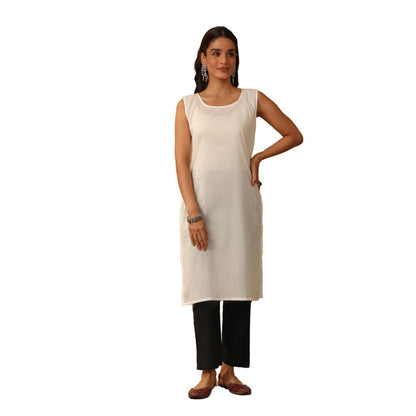 House of Chikankari White Kota Chikankari Women's Long Kurta with Inner (Set of 2)