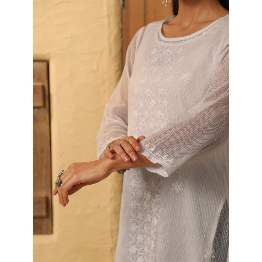 House of Chikankari White Kota Chikankari Women's Long Kurta with Inner (Set of 2)