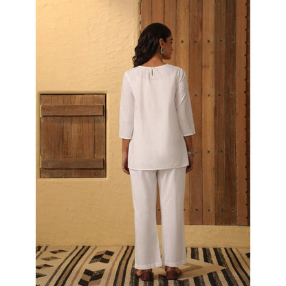 House of Chikankari Women's White Hand Embroidered Solid Co-Ord (Set of 2)