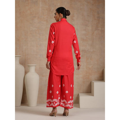 House of Chikankari Red Aiman Chikankari Shirt Style Kurta and Palazzo (Set of 2)