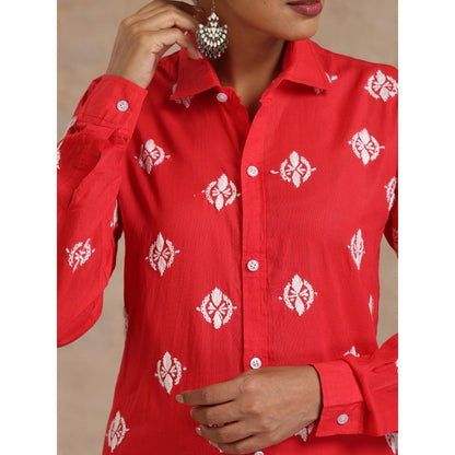 House of Chikankari Red Aiman Chikankari Shirt Style Kurta and Palazzo (Set of 2)