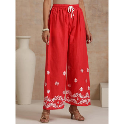House of Chikankari Red Aiman Chikankari Shirt Style Kurta and Palazzo (Set of 2)