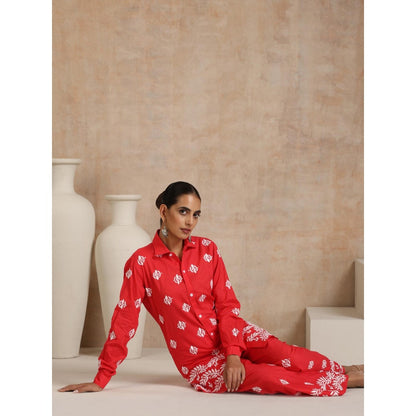 House of Chikankari Red Aiman Chikankari Shirt Style Kurta and Palazzo (Set of 2)