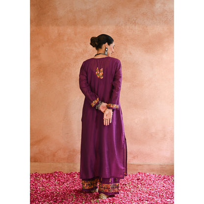 Chikankari Chanderi Straight Kurta with Inner and Palazzo (Set of 3)