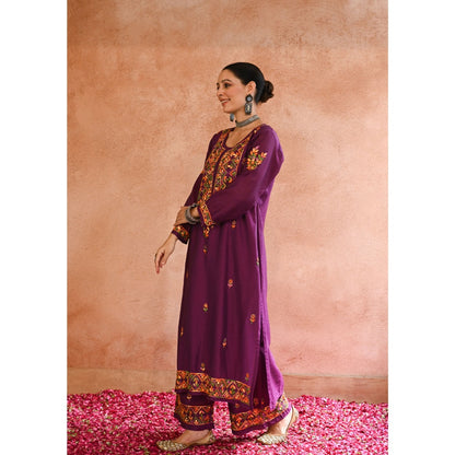 Chikankari Chanderi Straight Kurta with Inner and Palazzo (Set of 3)