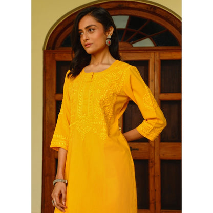 House of Chikankari Soha Cotton Straight Kurta with Pant - Mustard (Set of 2)