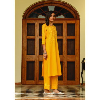 House of Chikankari Soha Cotton Straight Kurta with Pant - Mustard (Set of 2)