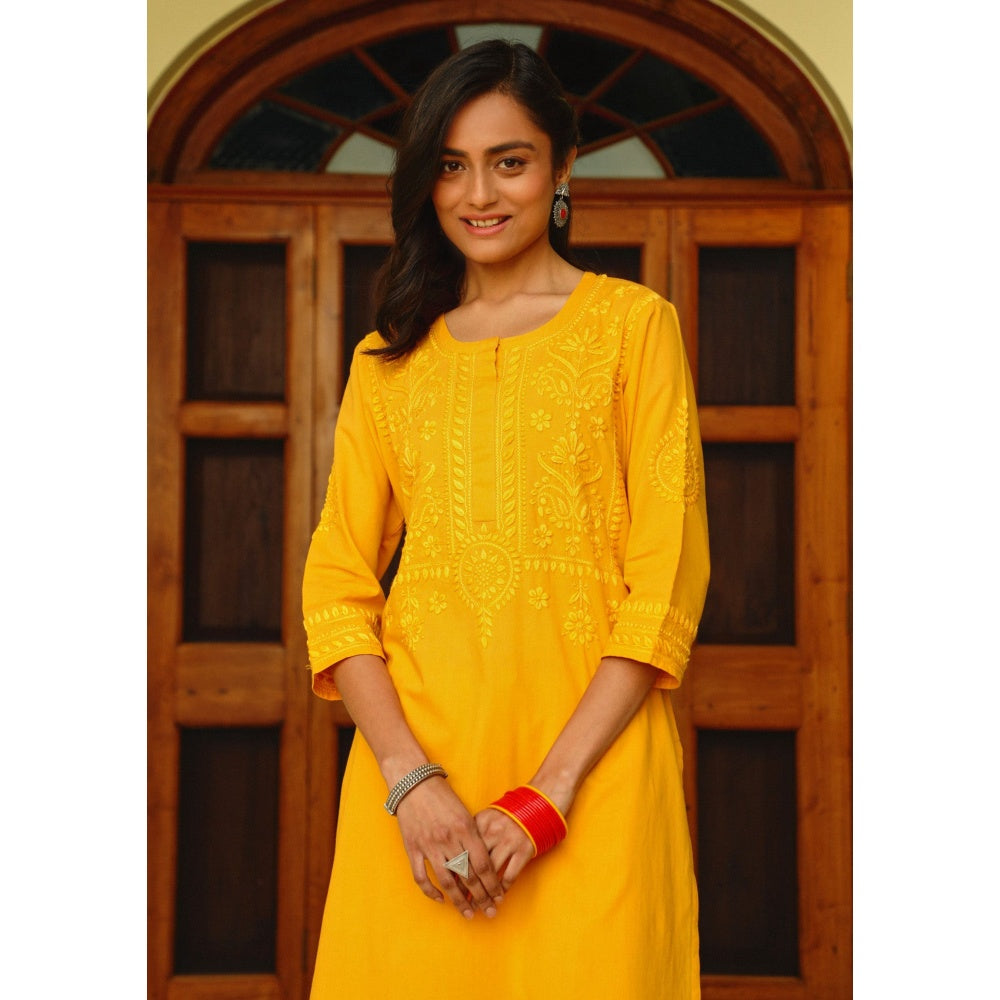 House of Chikankari Soha Cotton Straight Kurta with Pant - Mustard (Set of 2)