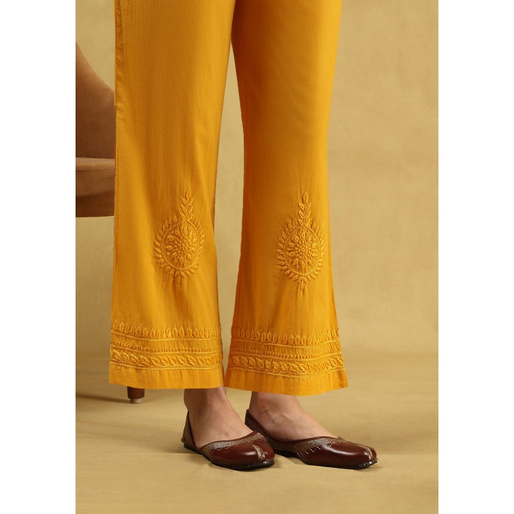 House of Chikankari Soha Cotton Straight Kurta with Pant - Mustard (Set of 2)