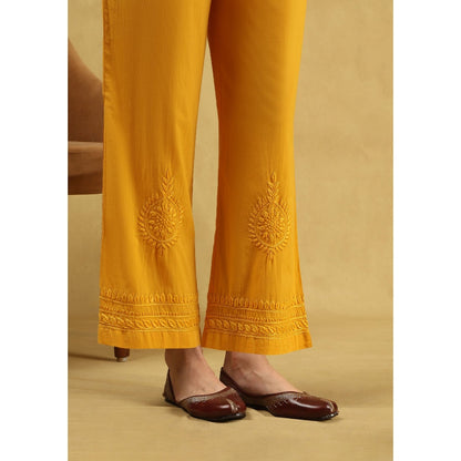 House of Chikankari Soha Cotton Straight Kurta with Pant - Mustard (Set of 2)