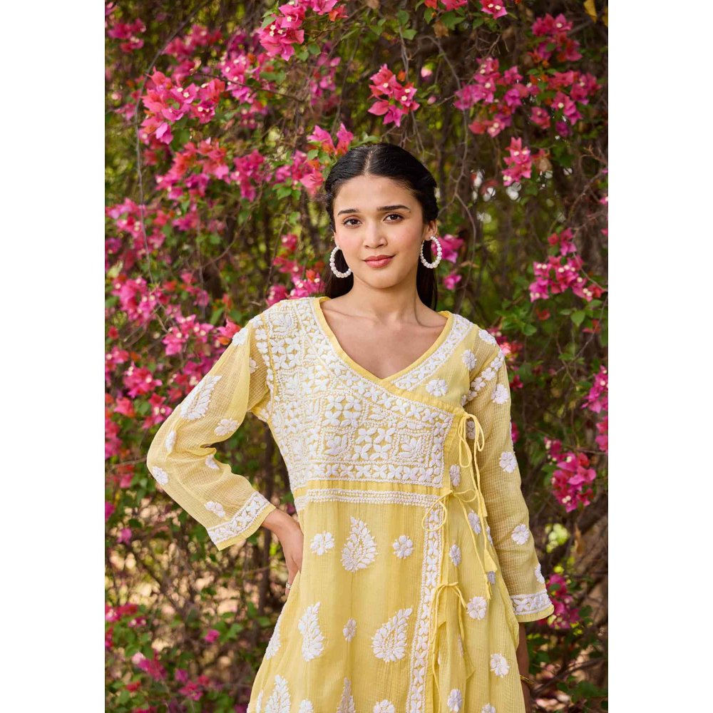 House of Chikankari Yellow Nazakat Kota Chikankari Solid Angarkha Kurta with Inner (Set of 2)