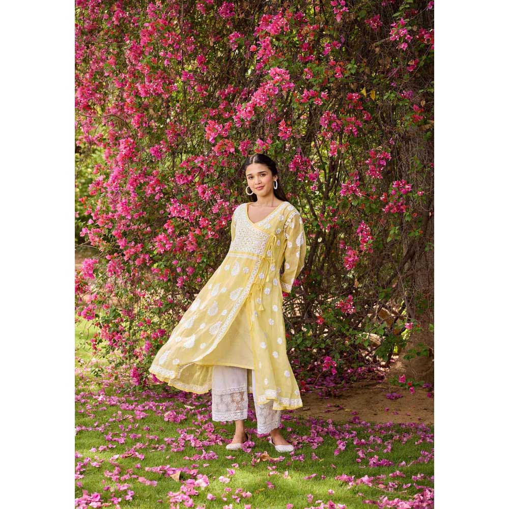 House of Chikankari Yellow Nazakat Kota Chikankari Solid Angarkha Kurta with Inner (Set of 2)