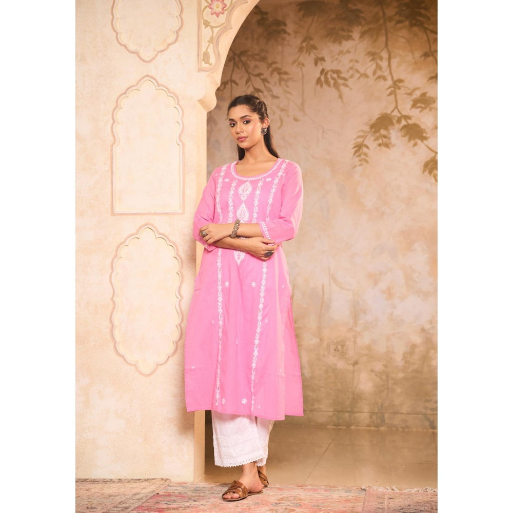 House of Chikankari Cotton Chikankari Gota Work Womens Long Kurta -Pink
