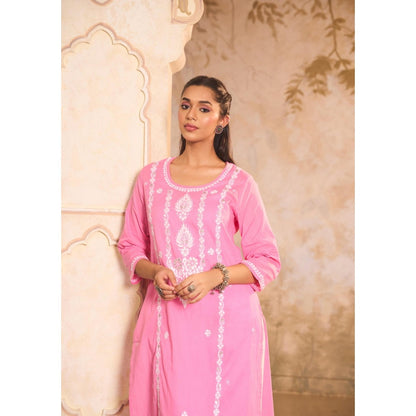 House of Chikankari Cotton Chikankari Gota Work Womens Long Kurta -Pink