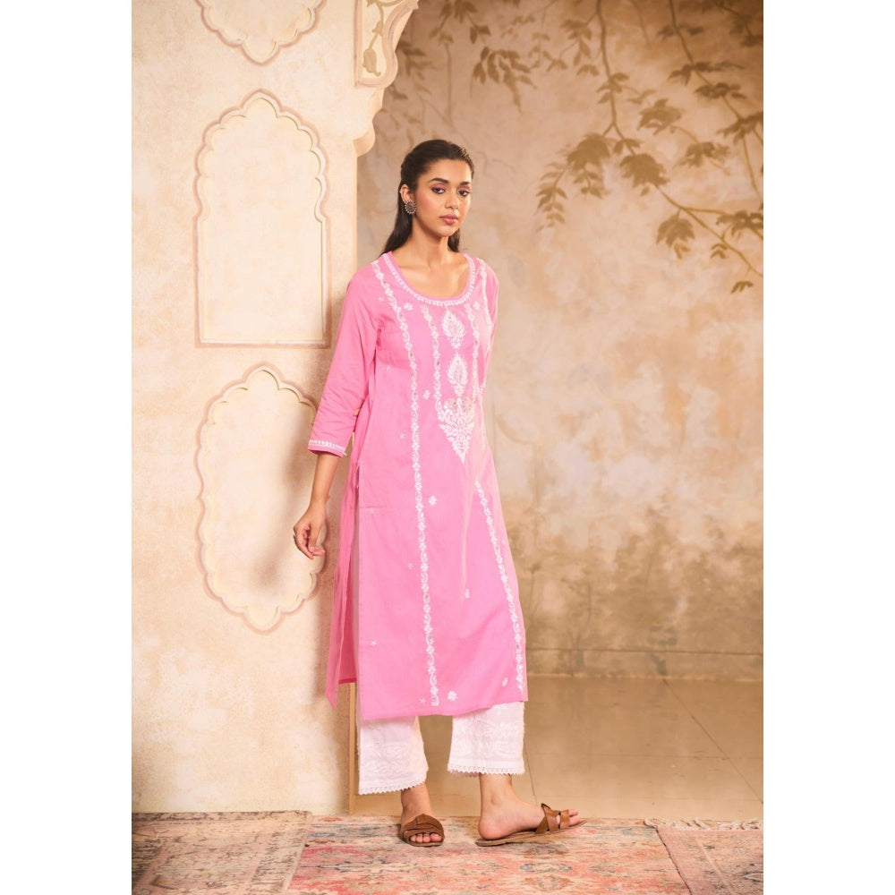House of Chikankari Cotton Chikankari Gota Work Womens Long Kurta -Pink