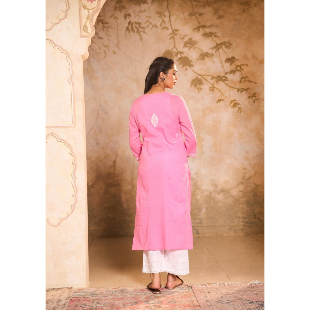 House of Chikankari Cotton Chikankari Gota Work Womens Long Kurta -Pink