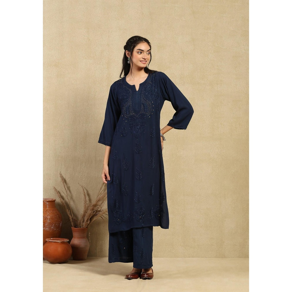 House of Chikankari Rayon Chikankari Mukaish Long Kurta with Palazzo -Navy Blue