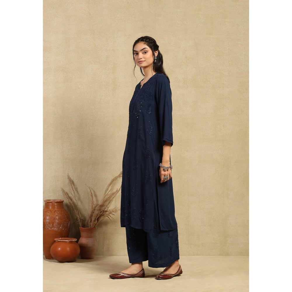 House of Chikankari Rayon Chikankari Mukaish Long Kurta with Palazzo -Navy Blue