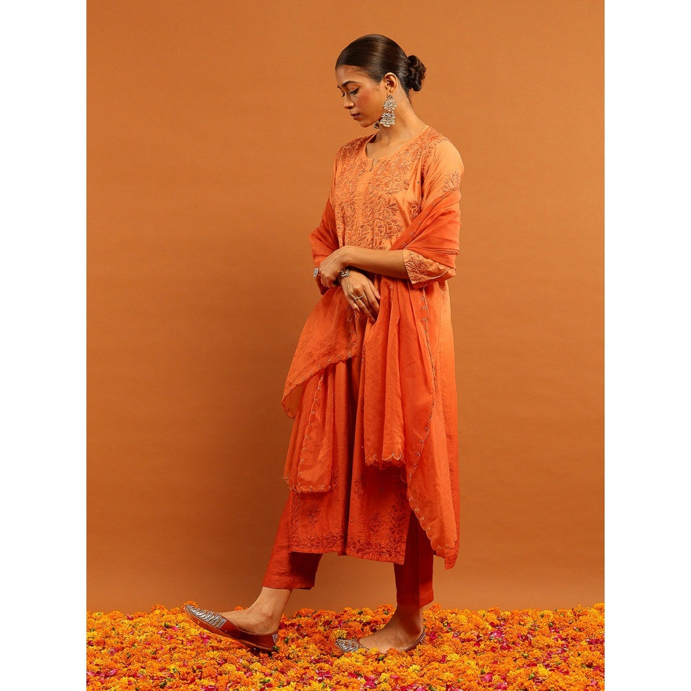 House of Chikankari Orange Chanderi Chikankari Mukaish Kurta with Pant and Dupatta