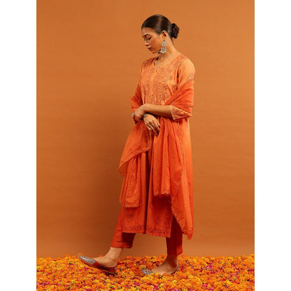 House of Chikankari Orange Chanderi Chikankari Mukaish Kurta with Pant and Dupatta