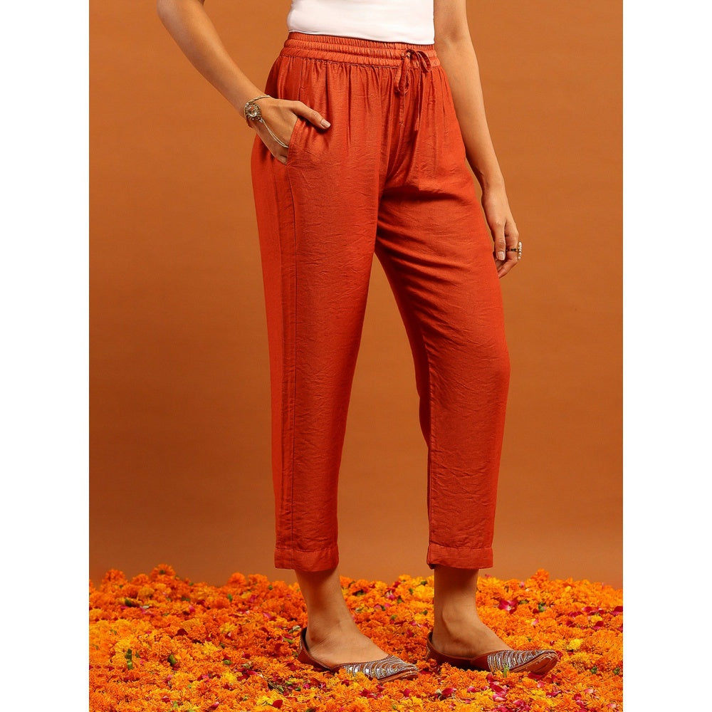 House of Chikankari Orange Chanderi Chikankari Mukaish Kurta with Pant and Dupatta