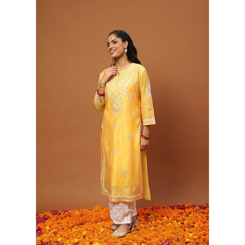 House of Chikankari Yellow Chikankari Kurta with Inner, Pant and Dupatta