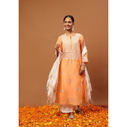 House of Chikankari Orange Chikankari Kurta with Inner, Pant and Dupatta