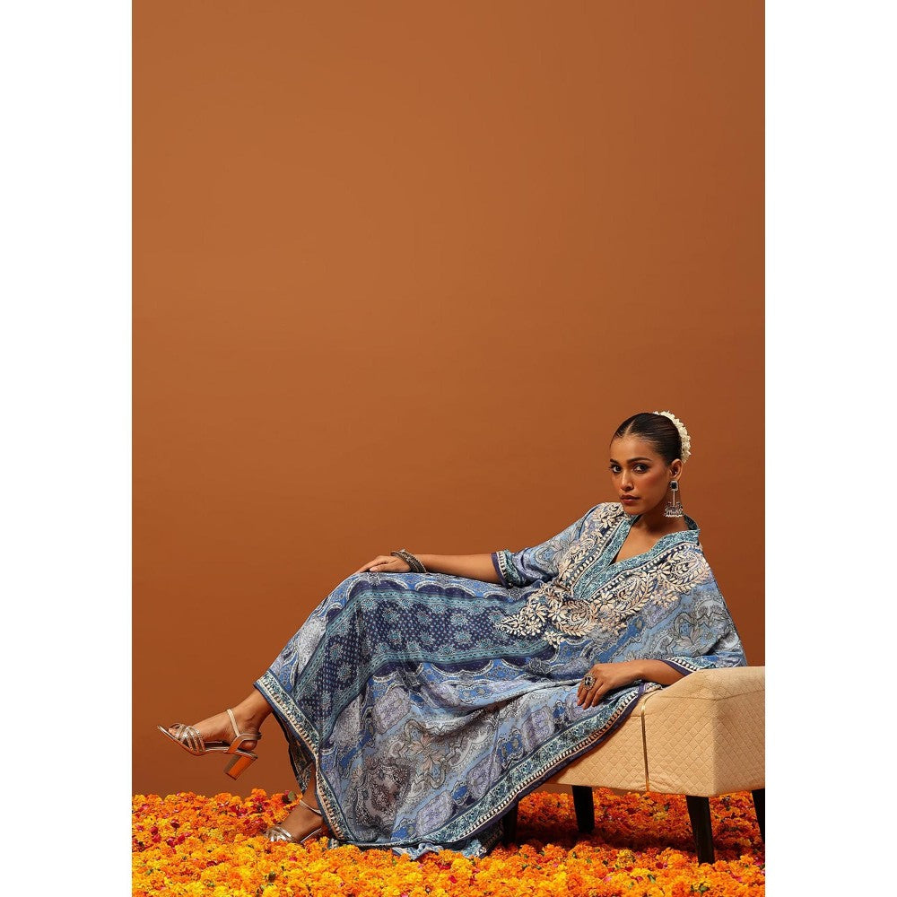 House of Chikankari Crepe Chikankari Printed Women's Kaftan -Blue