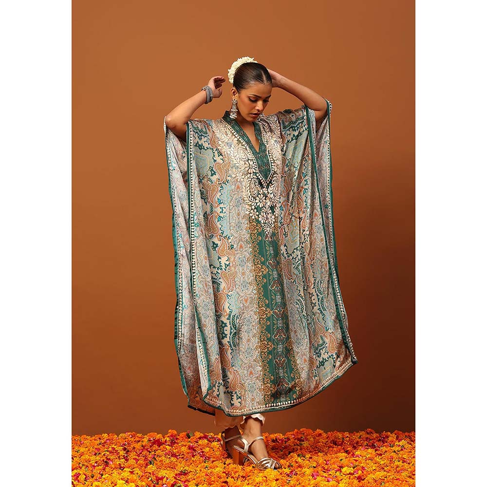 House of Chikankari Crepe Chikankari Printed Women's Kaftan -Green