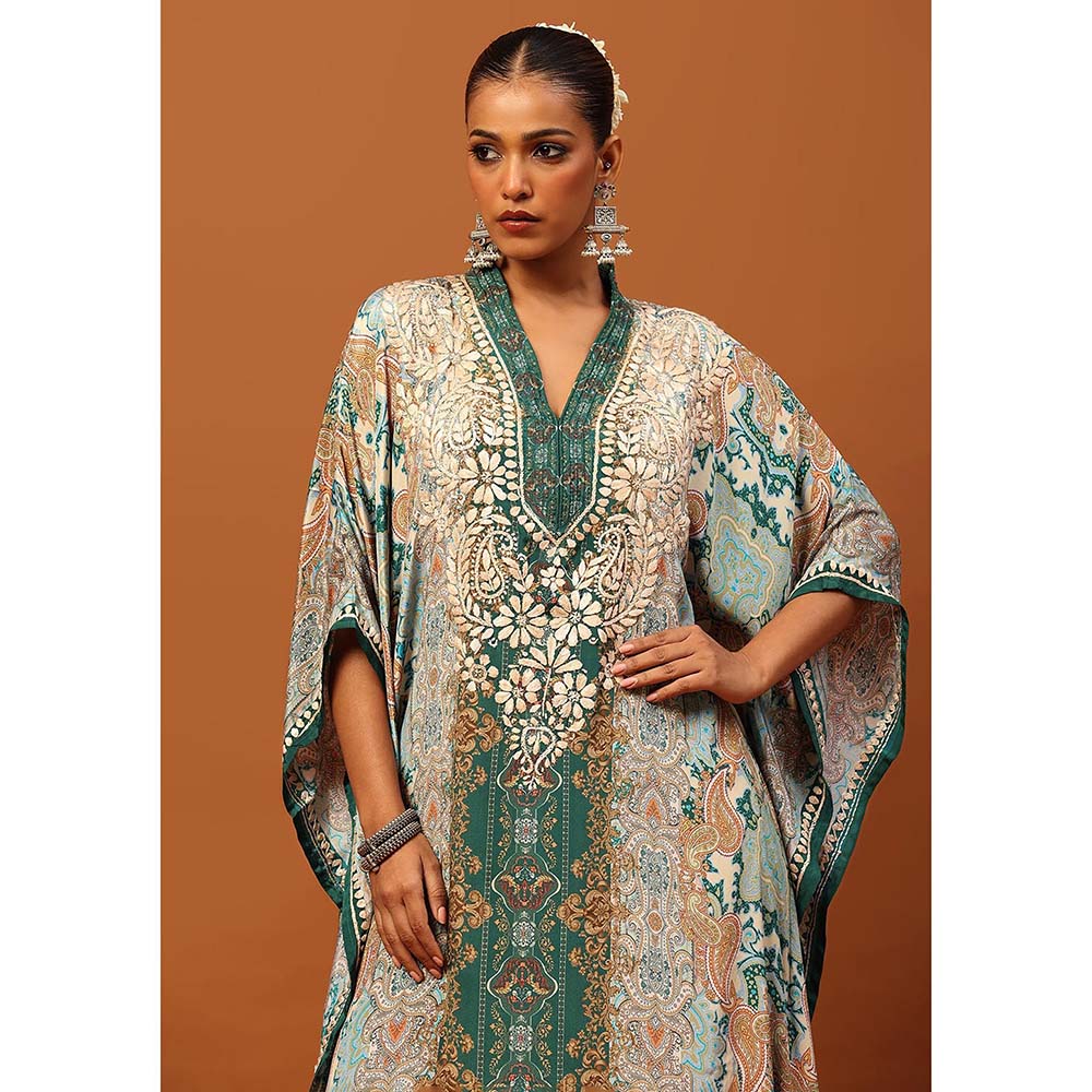 House of Chikankari Crepe Chikankari Printed Women's Kaftan -Green