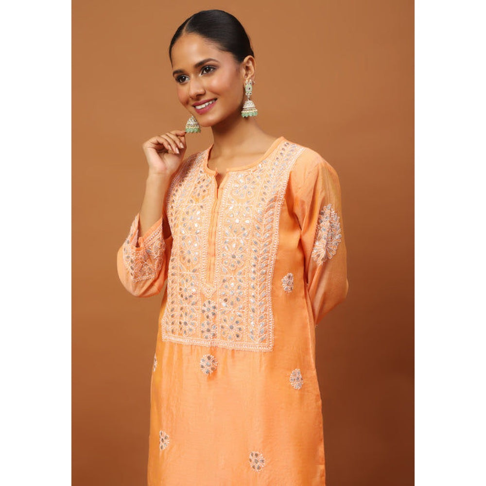 House of Chikankari Women's Orange Chanderi Chikankari Kurta and Palazzo Wit Dupatta