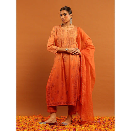 House of Chikankari Women's Peach Chanderi Chikankari Kurta and Pant