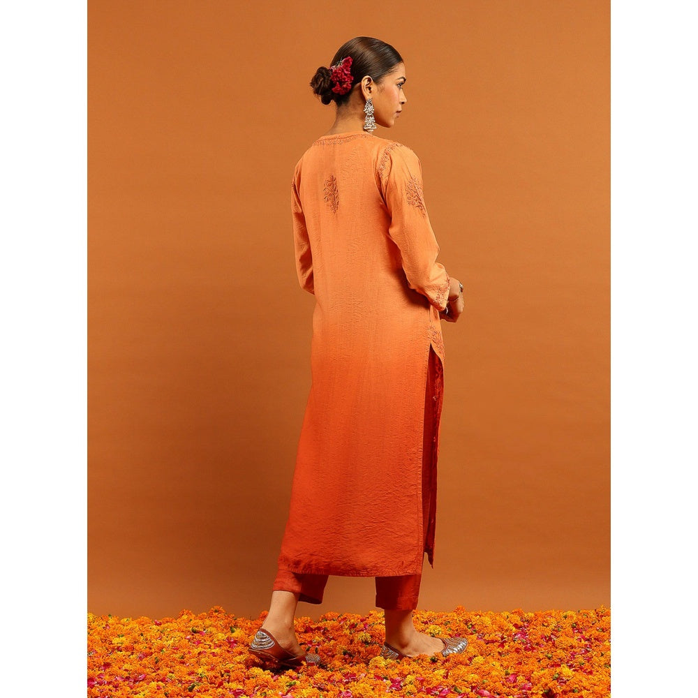 House of Chikankari Women's Peach Chanderi Chikankari Kurta and Pant