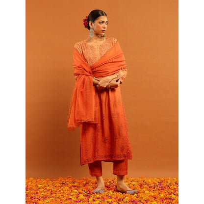 House of Chikankari Women's Peach Chanderi Chikankari Kurta and Pant