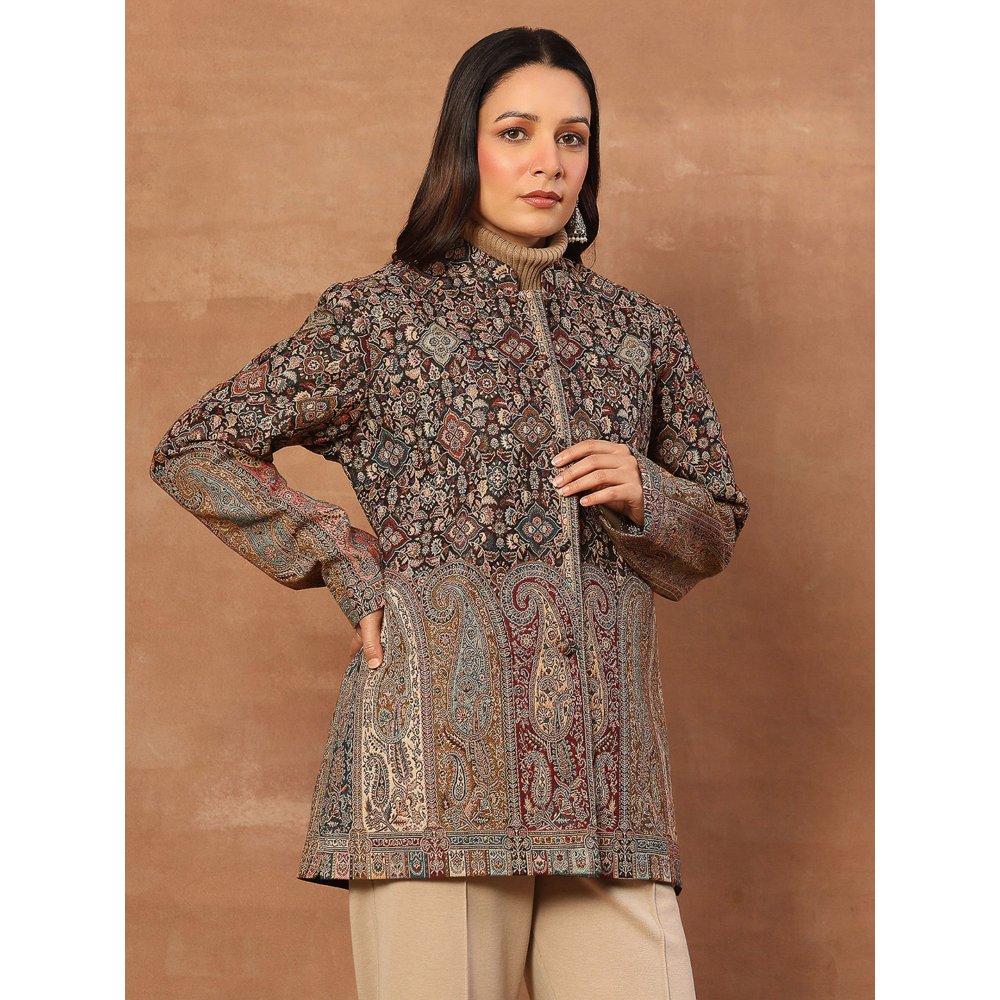 House of Chikankari Kashmiri Wool Kani Embroidered Women's Short Jacket Black