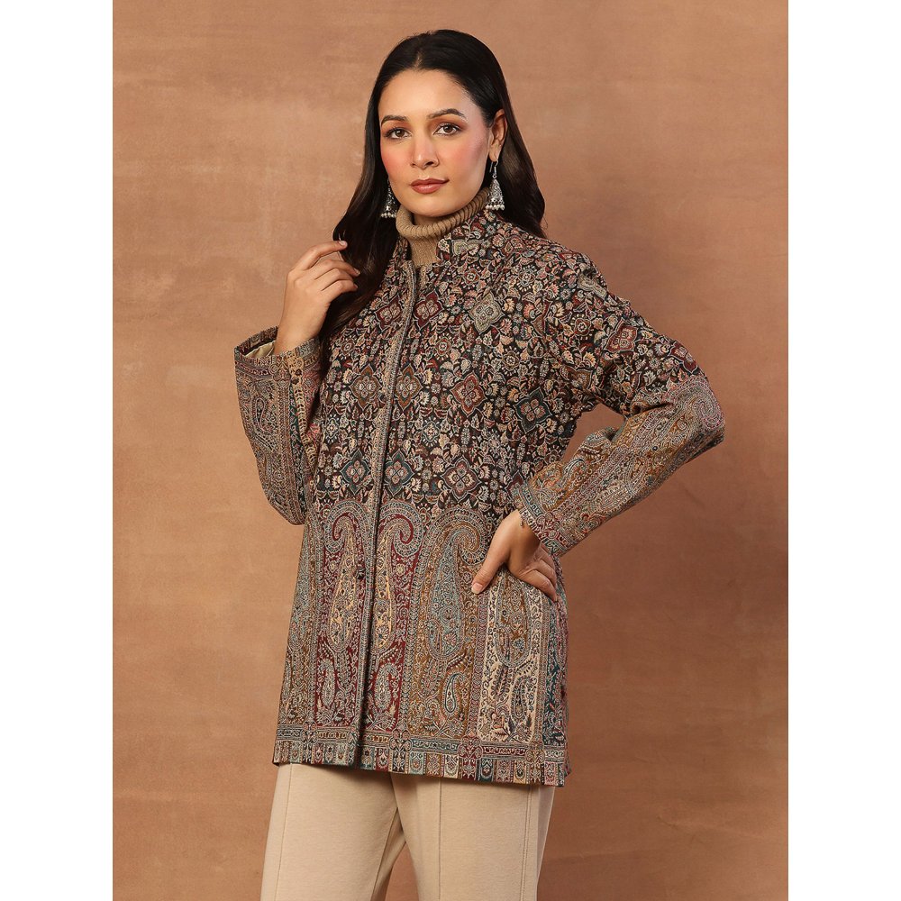 House of Chikankari Kashmiri Wool Kani Embroidered Women's Short Jacket Black