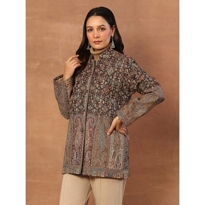 House of Chikankari Kashmiri Wool Kani Embroidered Women's Short Jacket Black