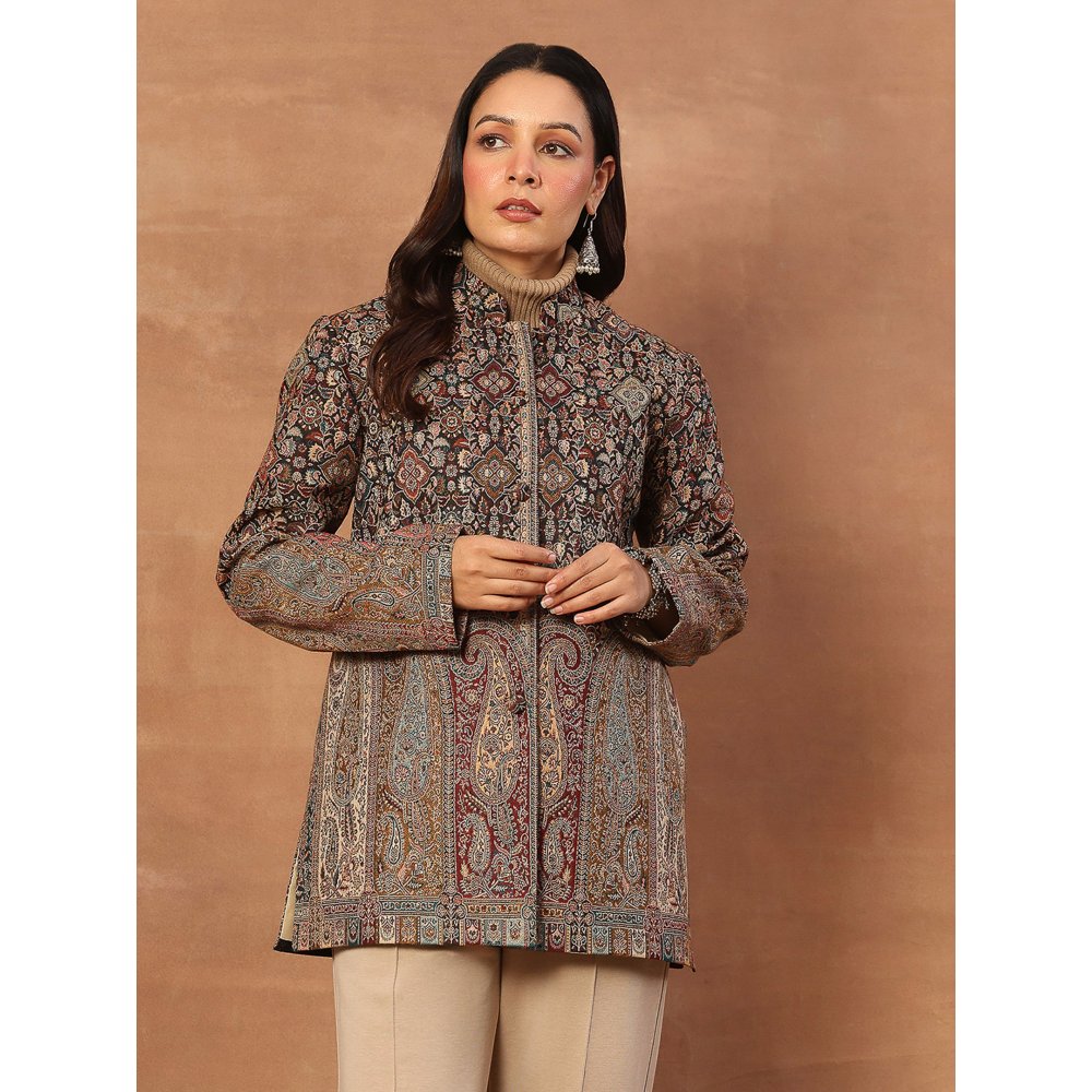 House of Chikankari Kashmiri Wool Kani Embroidered Women's Short Jacket Black