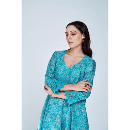 House of Pink Blue Chanderi Printed & Embroidered Anarkali Kurta Churidar & Scarf (Set of 3)