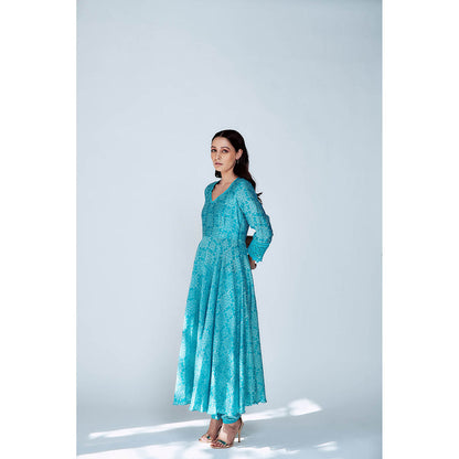House of Pink Blue Chanderi Printed & Embroidered Anarkali Kurta Churidar & Scarf (Set of 3)