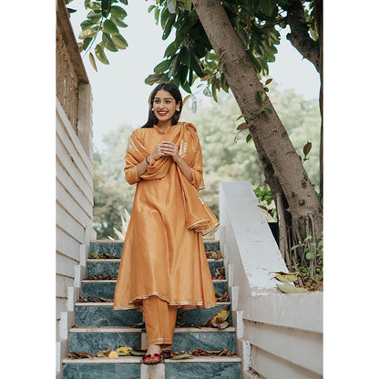 House of Pink Orange Chanderi Floral & Gota Anarkali Kurta Pant & Dupatta (Set of 3)