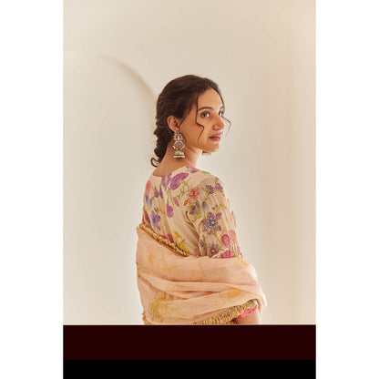 House of Pink Cream Chanderi Floral & Embellished Anarkali Kurta Pant & Dupatta (Set of 3)