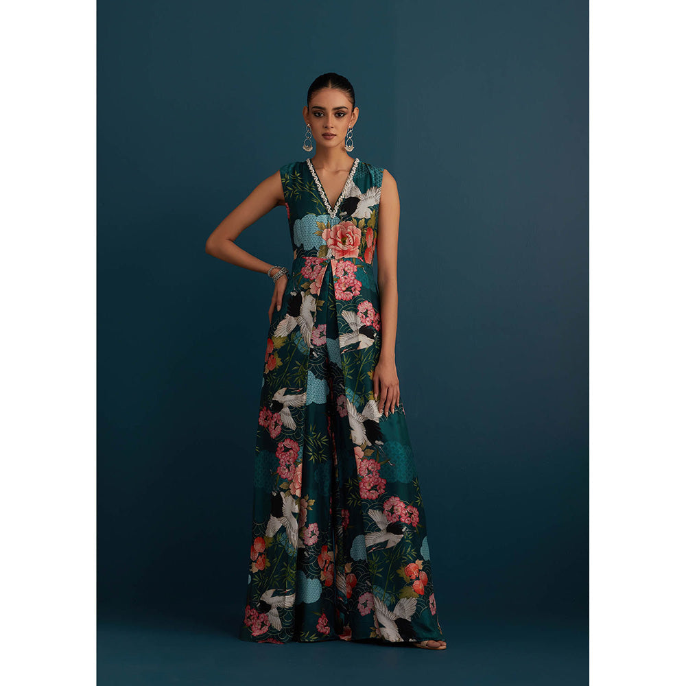House of Pink Teal Cotton Silk Floral & Embellished Jumpsuit