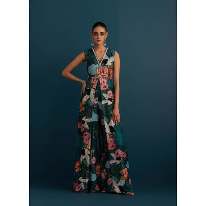 House of Pink Teal Cotton Silk Floral & Embellished Jumpsuit
