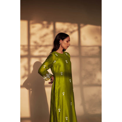 House of Pink Green Chanderi Embroidered & Embellished Kurta Palazzo & Dupatta (Set of 3)